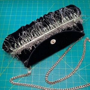Repurposed Puffy Black Velvet Party Bag - Lime Green Glass Bead and Feather Trim